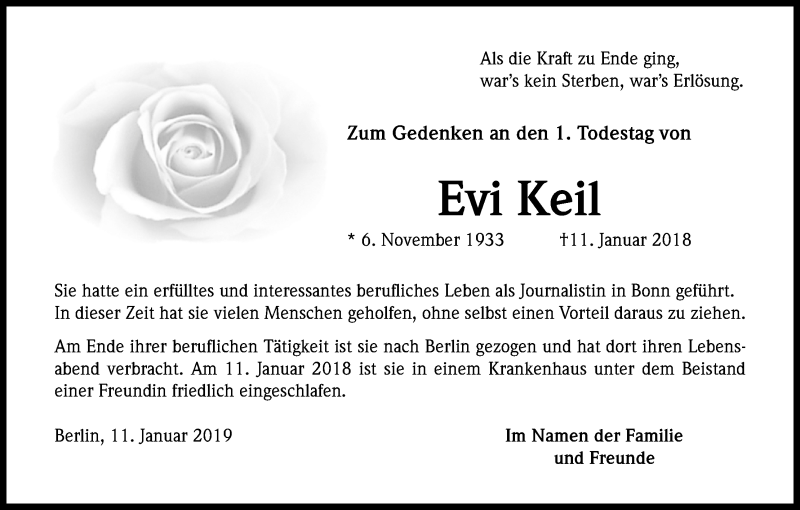  Traueranzeige für Evi Keil vom 11.01.2019 aus Kölner Stadt-Anzeiger / Kölnische Rundschau / Express