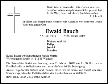 Anzeige von Ewald Bauch von Kölner Stadt-Anzeiger / Kölnische Rundschau / Express