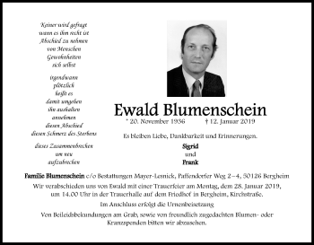 Anzeige von Ewald Blumenschein von Kölner Stadt-Anzeiger / Kölnische Rundschau / Express