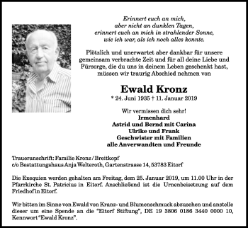 Anzeige von Ewald Kronz von Kölner Stadt-Anzeiger / Kölnische Rundschau / Express