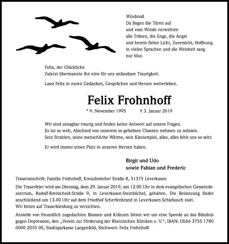  Traueranzeige für Felix Frohnhoff vom 26.01.2019 aus Kölner Stadt-Anzeiger / Kölnische Rundschau / Express