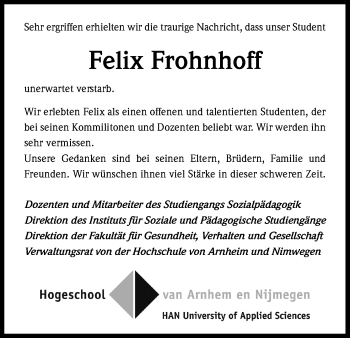 Anzeige von Felix Frohnhoff von Kölner Stadt-Anzeiger / Kölnische Rundschau / Express