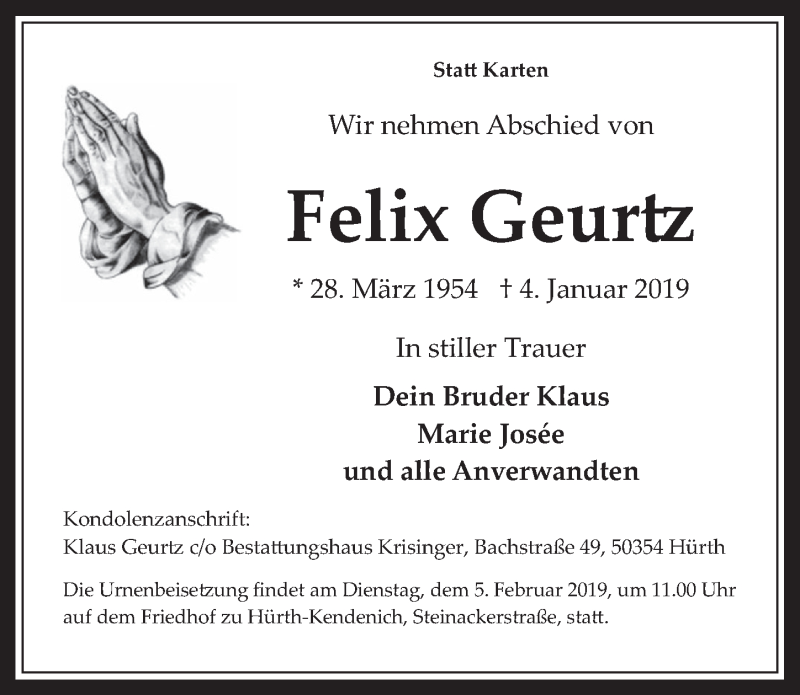 Traueranzeige für Felix Geurtz vom 30.01.2019 aus  Wochenende 