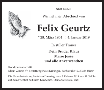 Anzeige von Felix Geurtz von  Wochenende 