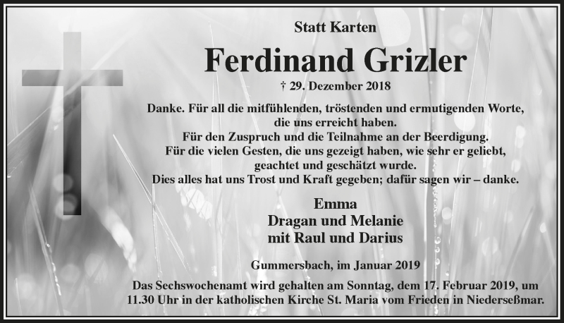  Traueranzeige für Ferdinand Grizler vom 16.01.2019 aus  Anzeigen Echo 