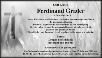 Anzeige von Ferdinand Grizler von  Anzeigen Echo 