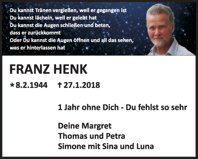  Traueranzeige für Frank Henk vom 26.01.2019 aus Kölner Stadt-Anzeiger / Kölnische Rundschau / Express