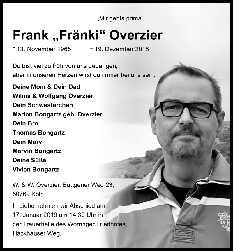  Traueranzeige für Frank „Fränki“ Overzier vom 12.01.2019 aus Kölner Stadt-Anzeiger / Kölnische Rundschau / Express