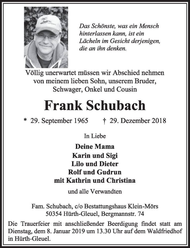 Traueranzeige für Frank Schubach vom 05.01.2019 aus  Sonntags-Post 