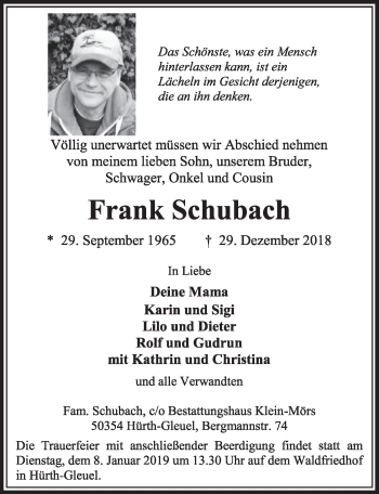 Anzeige von Frank Schubach von  Sonntags-Post 