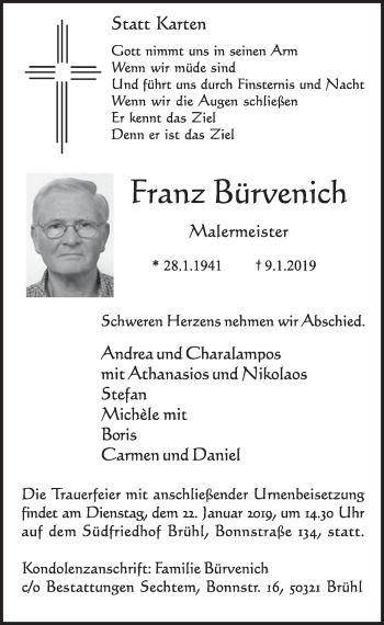Anzeige von Franz Bürvenich von  Schlossbote/Werbekurier 