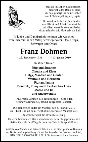 Anzeige von Franz Dohmen von Kölner Stadt-Anzeiger / Kölnische Rundschau / Express