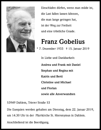 Anzeige von Franz Gobelius von Kölner Stadt-Anzeiger / Kölnische Rundschau / Express