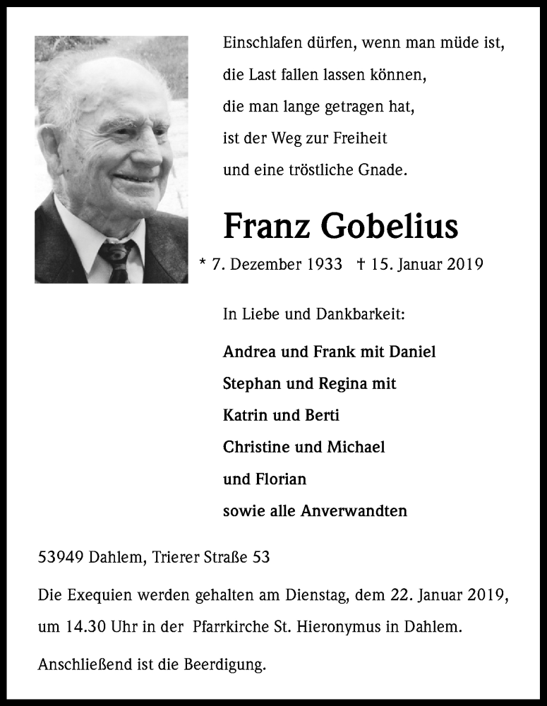  Traueranzeige für Franz Gobelius vom 19.01.2019 aus Kölner Stadt-Anzeiger / Kölnische Rundschau / Express