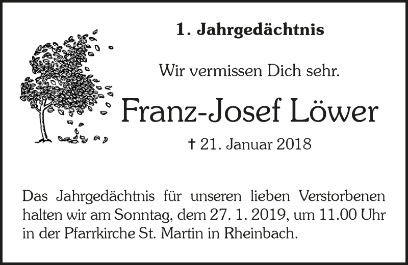  Traueranzeige für Franz-Josef Löwer vom 23.01.2019 aus  Schaufenster/Blickpunkt 