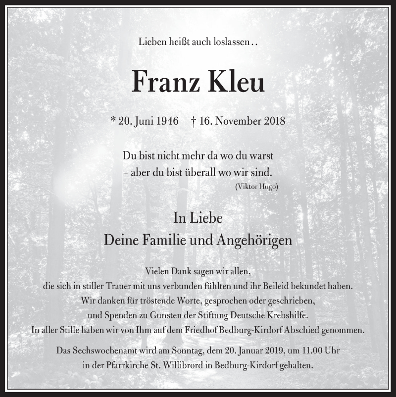  Traueranzeige für Franz Kleu vom 16.01.2019 aus  Werbepost 