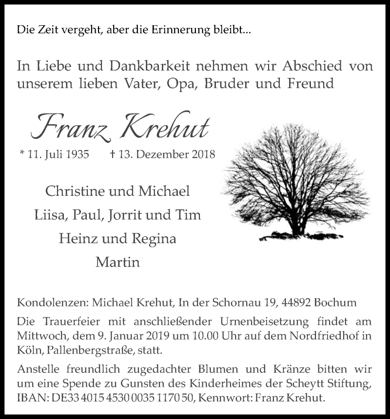  Traueranzeige für Franz Krehut vom 05.01.2019 aus Kölner Stadt-Anzeiger / Kölnische Rundschau / Express