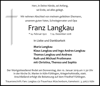 Anzeige von Franz Langkau von Kölner Stadt-Anzeiger / Kölnische Rundschau / Express