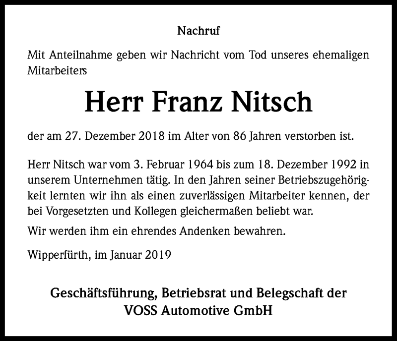  Traueranzeige für Franz Nitsch vom 12.01.2019 aus Kölner Stadt-Anzeiger / Kölnische Rundschau / Express