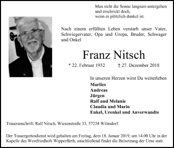 Anzeige von Franz Nitsch von Kölner Stadt-Anzeiger / Kölnische Rundschau / Express