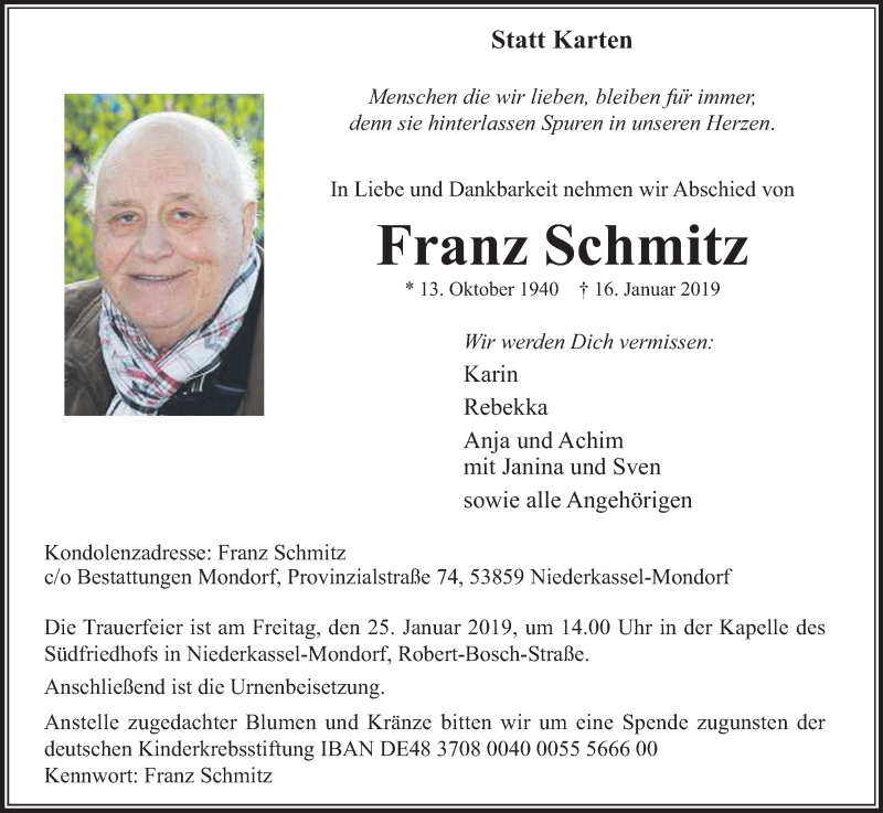  Traueranzeige für Franz Schmitz vom 19.01.2019 aus Kölner Stadt-Anzeiger / Kölnische Rundschau / Express