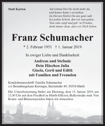 Anzeige von Franz Schumacher von  Wochenende 