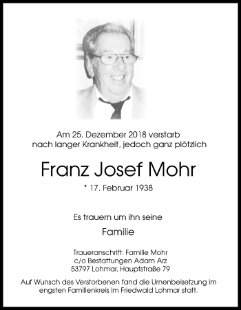 Anzeige von Franz Josef Mohr von Kölner Stadt-Anzeiger / Kölnische Rundschau / Express
