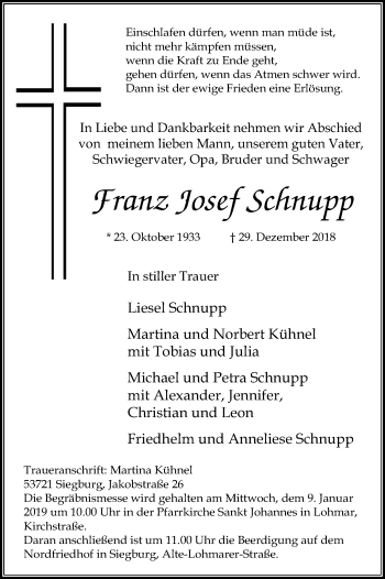 Anzeige von Franz Josef Schnupp von Kölner Stadt-Anzeiger / Kölnische Rundschau / Express