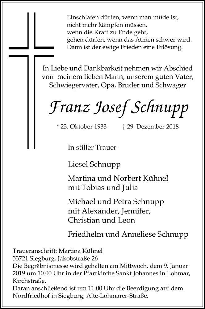  Traueranzeige für Franz Josef Schnupp vom 05.01.2019 aus Kölner Stadt-Anzeiger / Kölnische Rundschau / Express