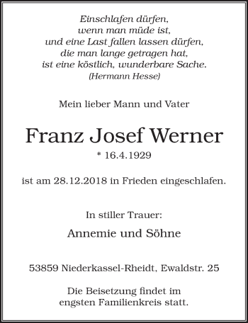 Anzeige von Franz Josef Werner von  Extra Blatt 