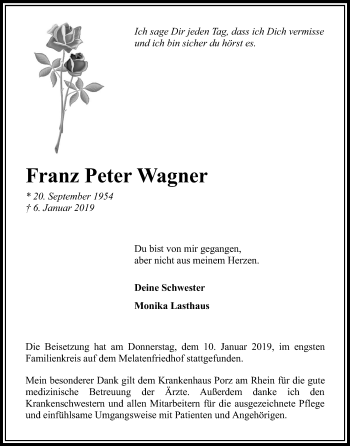 Anzeige von Franz Peter Wagner von Kölner Stadt-Anzeiger / Kölnische Rundschau / Express