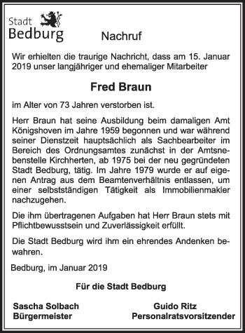 Anzeige von Fred Braun von  Sonntags-Post 