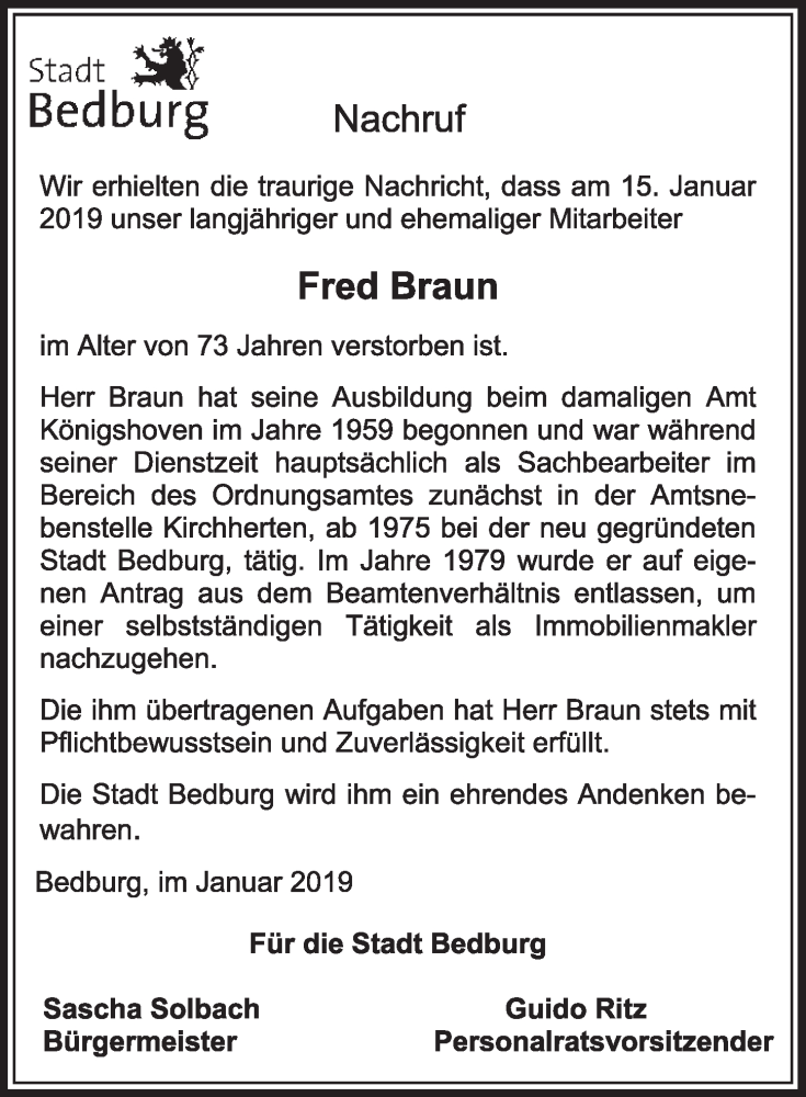  Traueranzeige für Fred Braun vom 26.01.2019 aus  Sonntags-Post 