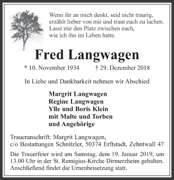Anzeige von Fred Langwagen von  Werbepost 