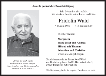 Anzeige von Fridolin Wald von  Werbepost 