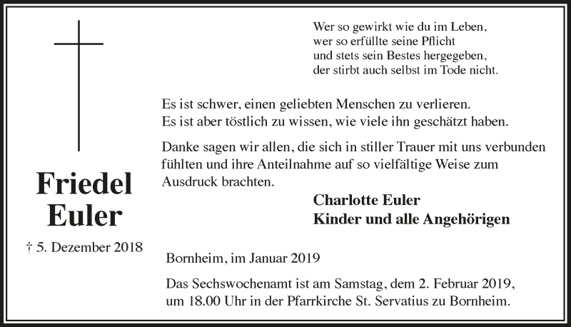  Traueranzeige für Friedel Euler vom 23.01.2019 aus  Schaufenster/Blickpunkt 