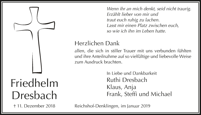  Traueranzeige für Friedhelm Dresbach vom 23.01.2019 aus  Lokalanzeiger 