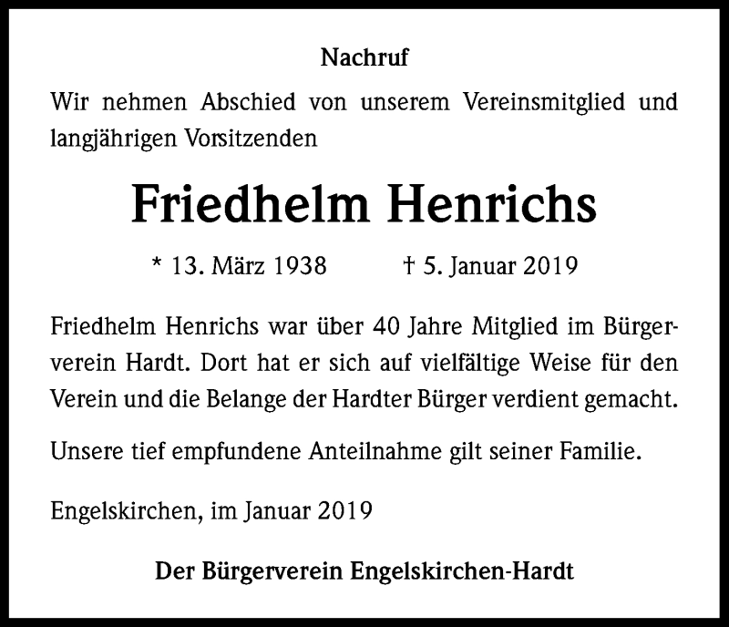  Traueranzeige für Friedhelm Henrichs vom 10.01.2019 aus Kölner Stadt-Anzeiger / Kölnische Rundschau / Express