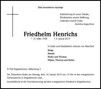 Anzeige von Friedhelm Henrichs von Kölner Stadt-Anzeiger / Kölnische Rundschau / Express