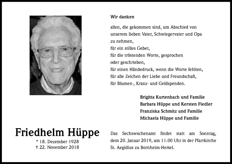  Traueranzeige für Friedhelm Hüppe vom 12.01.2019 aus Kölner Stadt-Anzeiger / Kölnische Rundschau / Express