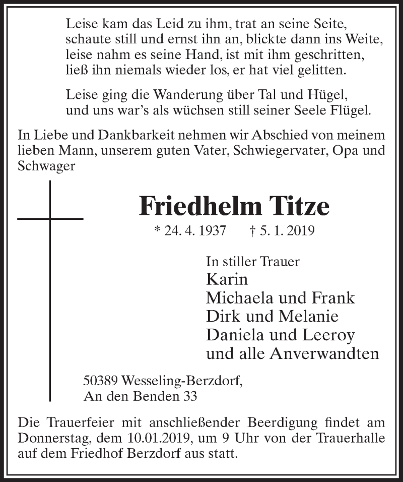  Traueranzeige für Friedhelm Titze vom 09.01.2019 aus  Schlossbote/Werbekurier 