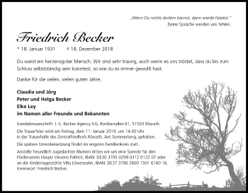 Anzeige von Friedrich Becker von Kölner Stadt-Anzeiger / Kölnische Rundschau / Express