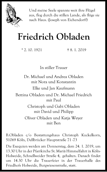 Anzeige von Friedrich Obladen von Kölner Stadt-Anzeiger / Kölnische Rundschau / Express