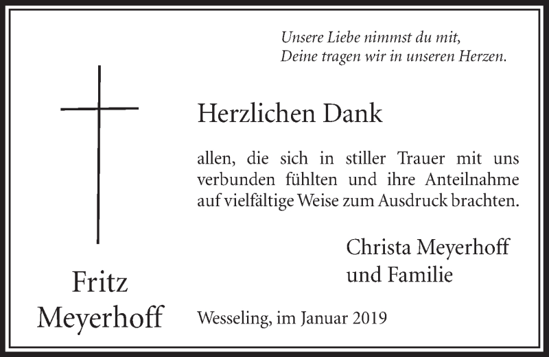  Traueranzeige für Fritz Meyerhoff vom 30.01.2019 aus  Schlossbote/Werbekurier 