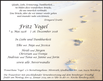 Anzeige von Fritz Vogel von Kölner Stadt-Anzeiger / Kölnische Rundschau / Express