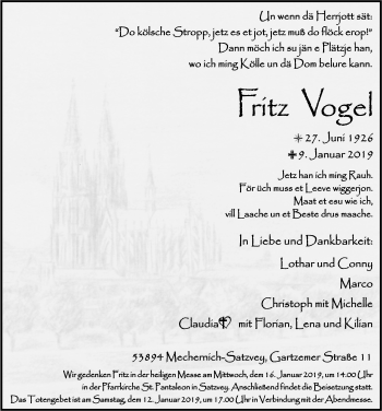 Anzeige von Fritz Vogel von  Blickpunkt Euskirchen 