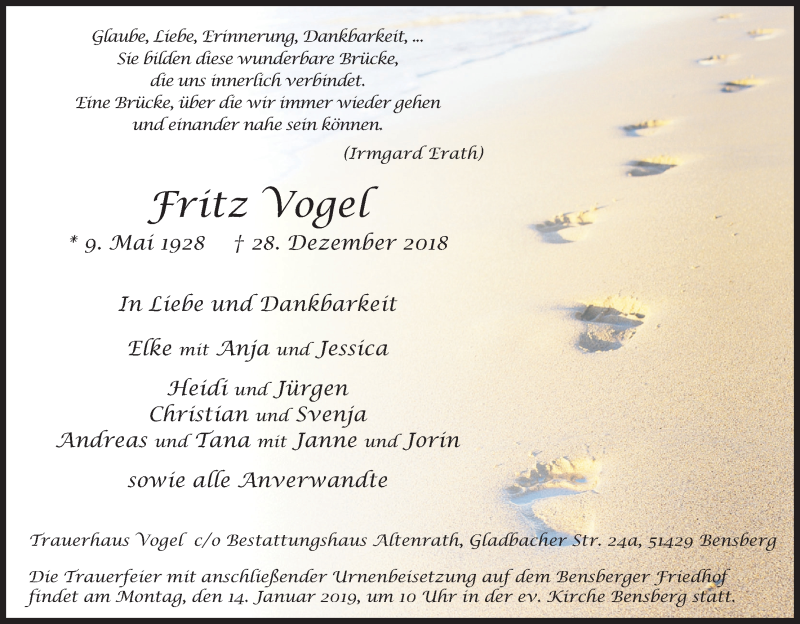  Traueranzeige für Fritz Vogel vom 09.01.2019 aus Kölner Stadt-Anzeiger / Kölnische Rundschau / Express