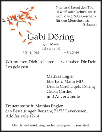 Anzeige von Gabi Döring von Kölner Stadt-Anzeiger / Kölnische Rundschau / Express