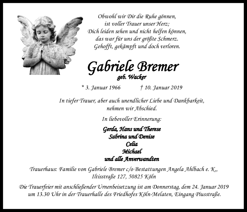  Traueranzeige für Gabriele Bremer vom 18.01.2019 aus Kölner Stadt-Anzeiger / Kölnische Rundschau / Express