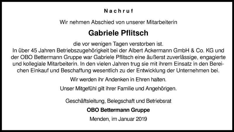  Traueranzeige für Gabriele Pflitsch vom 15.01.2019 aus Kölner Stadt-Anzeiger / Kölnische Rundschau / Express
